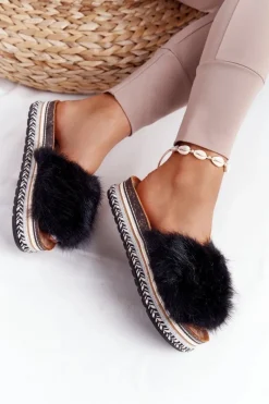 Clearance Boto Klapki Na Platformie z Futerkiem Czarne Adventure