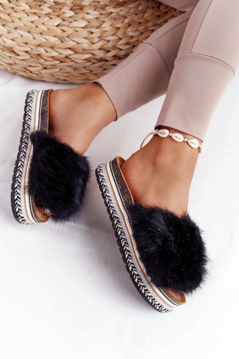 Clearance Boto Klapki Na Platformie z Futerkiem Czarne Adventure