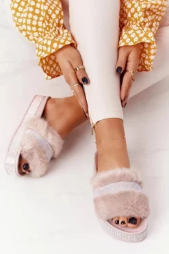 Outlet Klapki Na Platformie Z Futerkiem I Cyrkoniami Beżowe Impress Damskie Klapki Z Futerkiem|Klapki Na Platformie