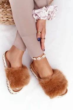 Hot Klapki Na Platformie z Futerkiem Camel Adventure Damskie Klapki Z Futerkiem|Klapki Na Platformie