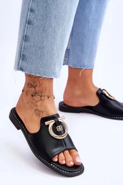 Sale Klapki Skórzane Comfort Shoes S.Barski KV-2775-32 Czarne Damskie Klapki Damskie Klasyczne