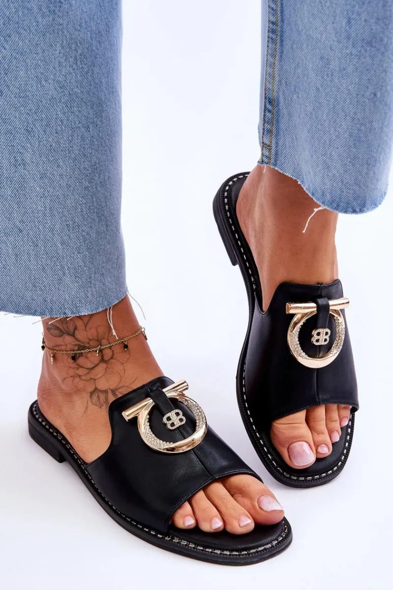 Sale Klapki Skórzane Comfort Shoes S.Barski KV-2775-32 Czarne Damskie Klapki Damskie Klasyczne