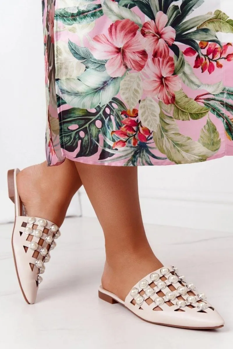 Sale Boto Klapki Z Cholewką I Perłami Beżowe Ripple