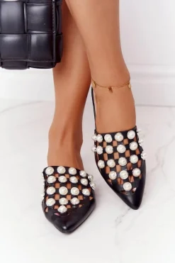 Best Klapki Z Cholewką I Perłami Czarne Ripple Damskie Klapki Damskie Klasyczne