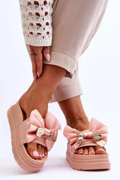 Hot Boto Klapki Z Kokardą I Ozdobnym Misiem Jasnoróżowe Suzy