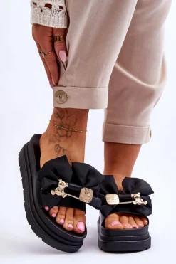 Outlet Boto Klapki Z Kokardą I Ozdobnym Misiem Czarne Suzy