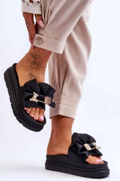 Outlet Boto Klapki Z Kokardą I Ozdobnym Misiem Czarne Suzy