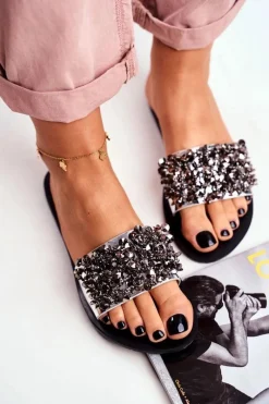 Sale Klapki Z Metalowymi Ozdobami Lu Boo Srebrne Damskie Klapki Damskie Klasyczne