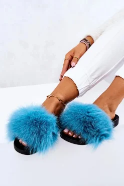 Sale Boto Klapki Z Naturalnym Futerkiem Niebieskie Naturis