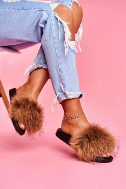 Best Boto Klapki z Naturalnym Futerkiem Camel Elsa