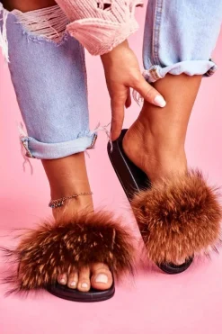 Best Klapki Z Naturalnym Futerkiem Brązowe Elsa Damskie Klapki Z Futerkiem|Klapki Damskie Klasyczne