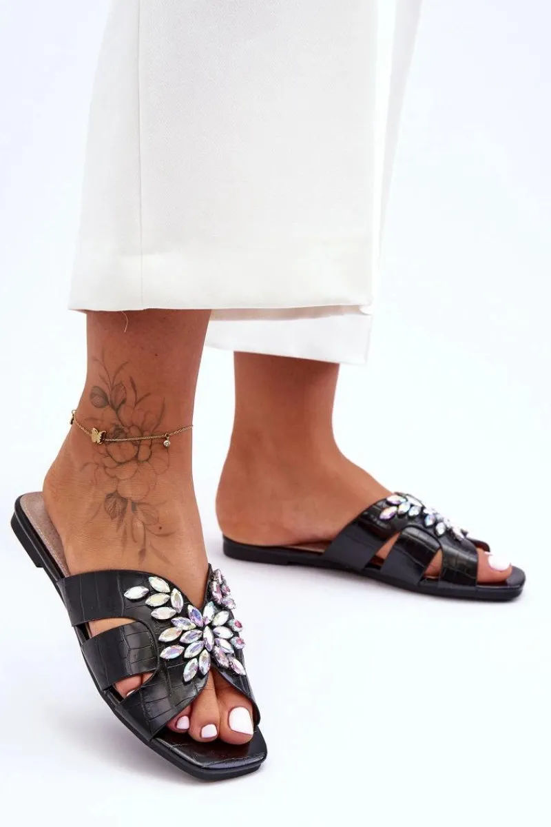 Outlet Klapki Z Ozdobnymi Kamieniami S.Barski 617-22 Czarne Damskie Klapki Damskie Klasyczne