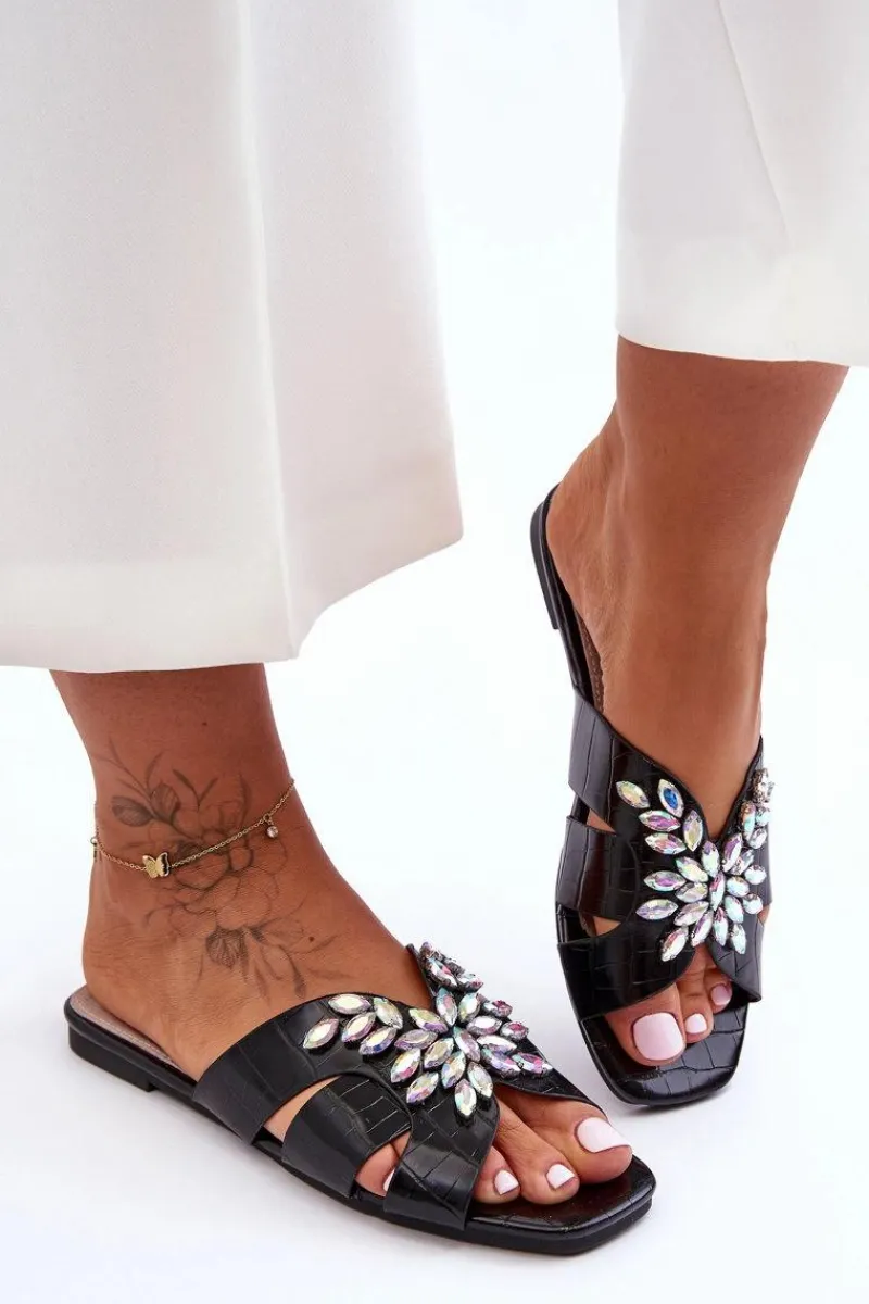 Outlet Klapki Z Ozdobnymi Kamieniami S.Barski 617-22 Czarne Damskie Klapki Damskie Klasyczne