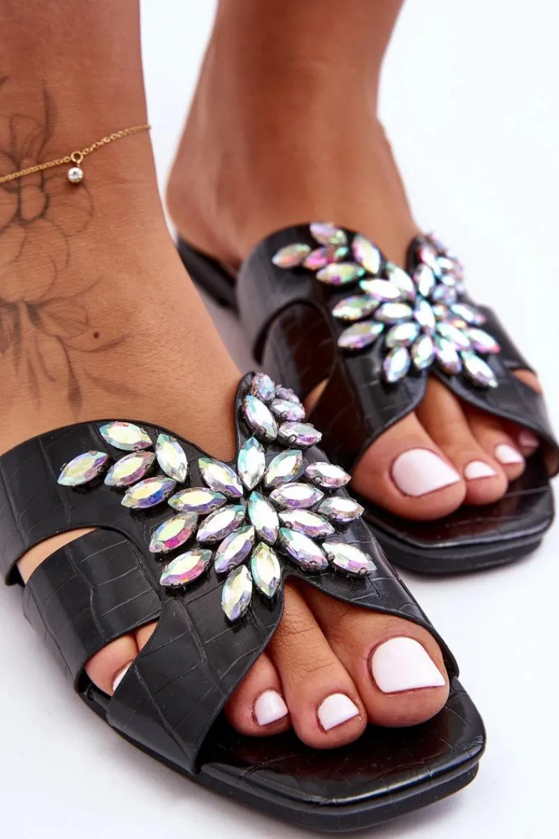 Outlet Klapki Z Ozdobnymi Kamieniami S.Barski 617-22 Czarne Damskie Klapki Damskie Klasyczne