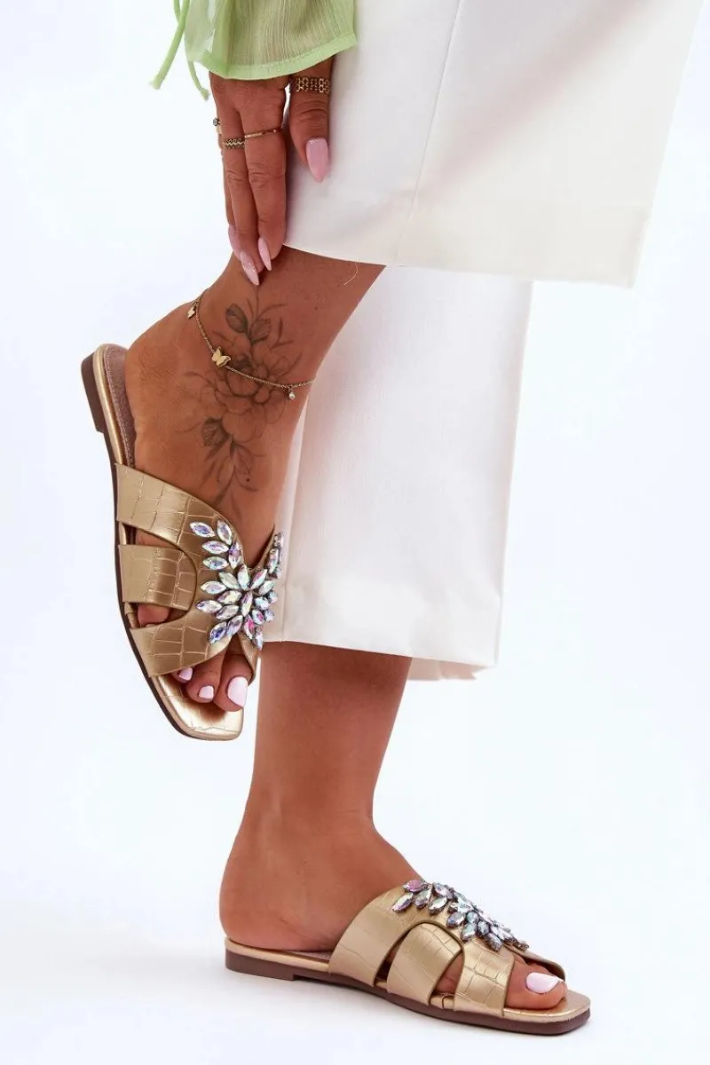 Klapki Damskie Klasyczne>Damskie buty S.Barski Klapki Z Ozdobnymi Kamieniami S.Barski 617-22 Złote