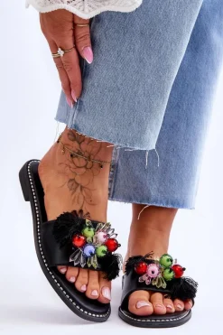 Klapki Damskie Klasyczne>Damskie buty S.Barski Klapki Z Ozdobnymi Koralikami S.Barski KV-2775-47 Czarne Czarny