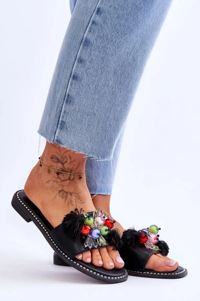 Klapki Damskie Klasyczne>Damskie buty S.Barski Klapki Z Ozdobnymi Koralikami S.Barski KV-2775-47 Czarne Czarny