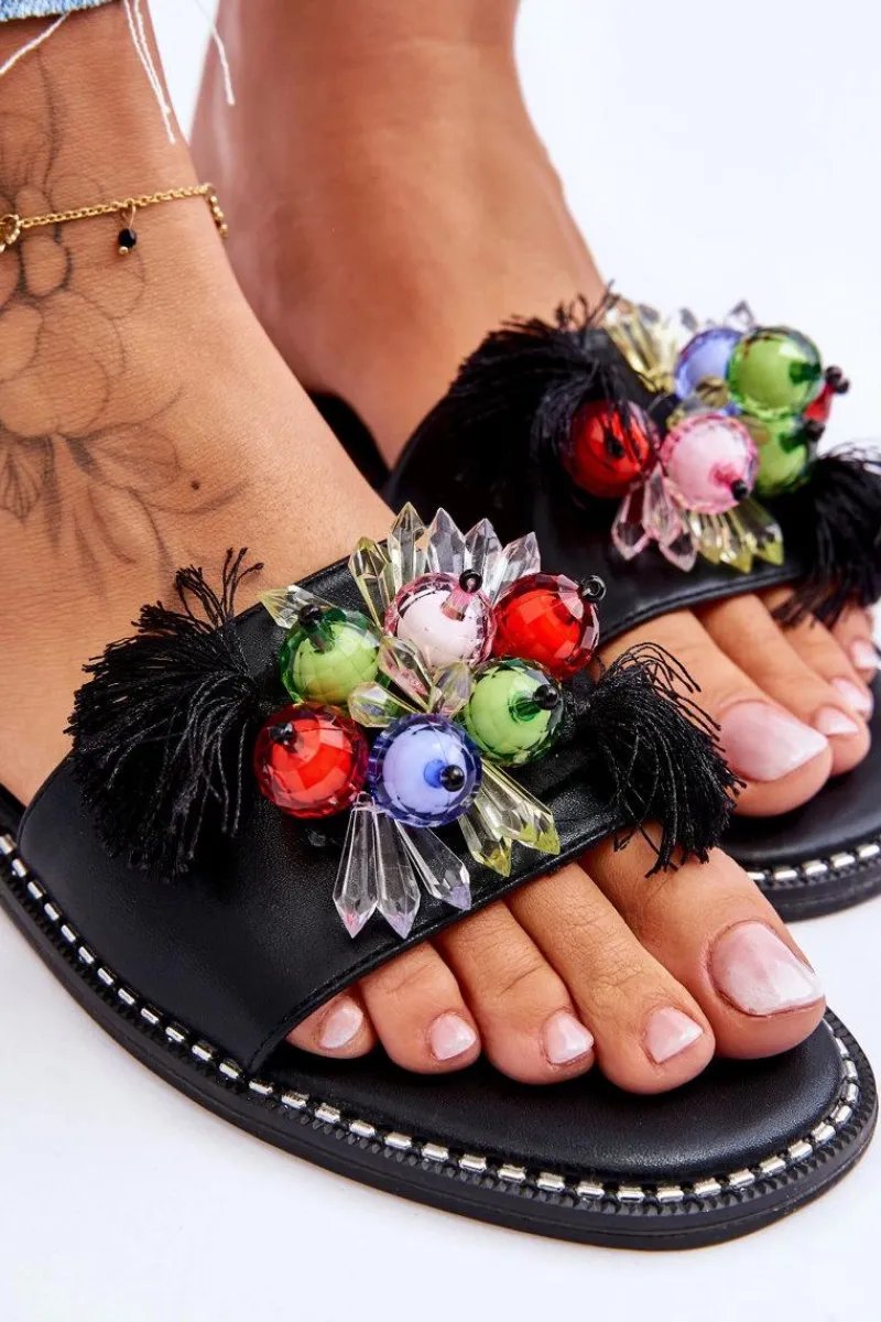 Klapki Damskie Klasyczne>Damskie buty S.Barski Klapki Z Ozdobnymi Koralikami S.Barski KV-2775-47 Czarne Czarny