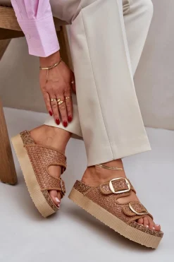 Boto Klapki Z Plecionką I Klamrami Na Masywnej Platformie Camel Aralissea