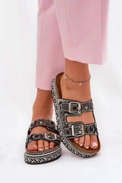 Best Boto Klapki Ze Zdobieniem I Klamrami Na Platformie Czarne Mellene Czarny