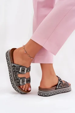 Best Boto Klapki Ze Zdobieniem I Klamrami Na Platformie Czarne Mellene Czarny