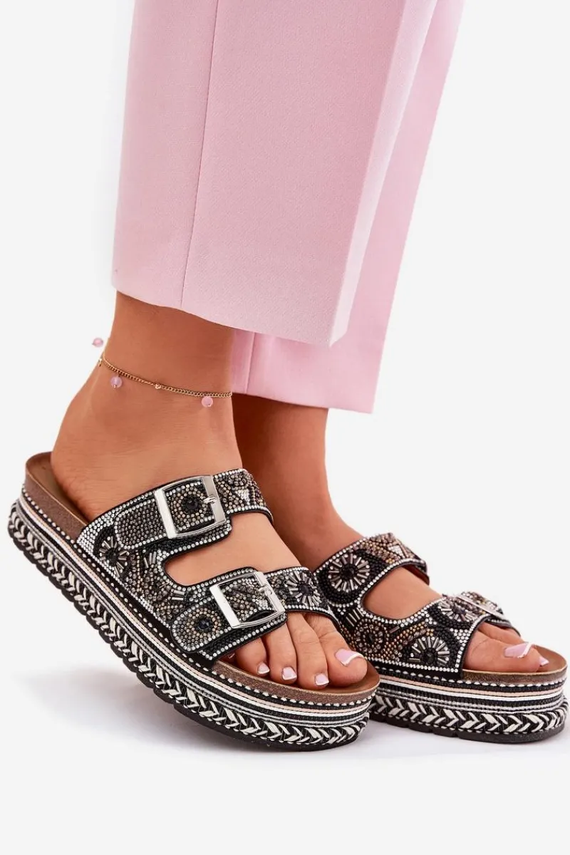 Best Boto Klapki Ze Zdobieniem I Klamrami Na Platformie Czarne Mellene Czarny