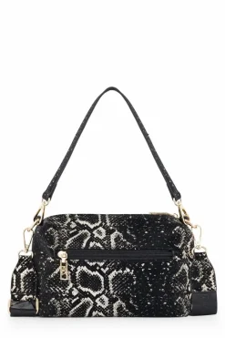 Discount Nobo Klasyczna Torebka Listonoszka Wężowy Wzór N1340-CM23 Czarno-Złota