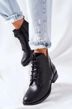 Discount Klasyczne Botki Damskie Sztyblety S. Barski Bello Damskie Botki Sznurowane|Czarne Botki