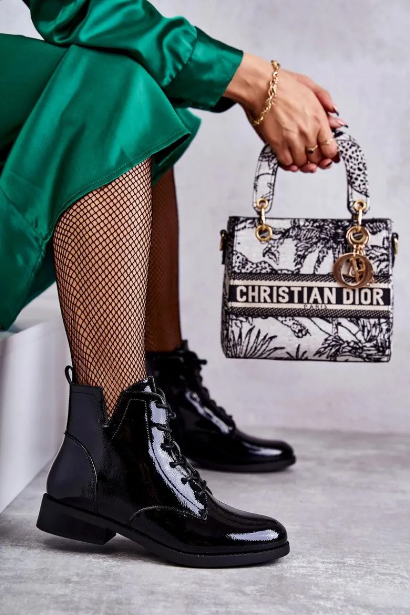 Outlet Klasyczne Botki Lakierowane Damskie Sztyblety Bello Damskie Botki Sznurowane|Czarne Botki