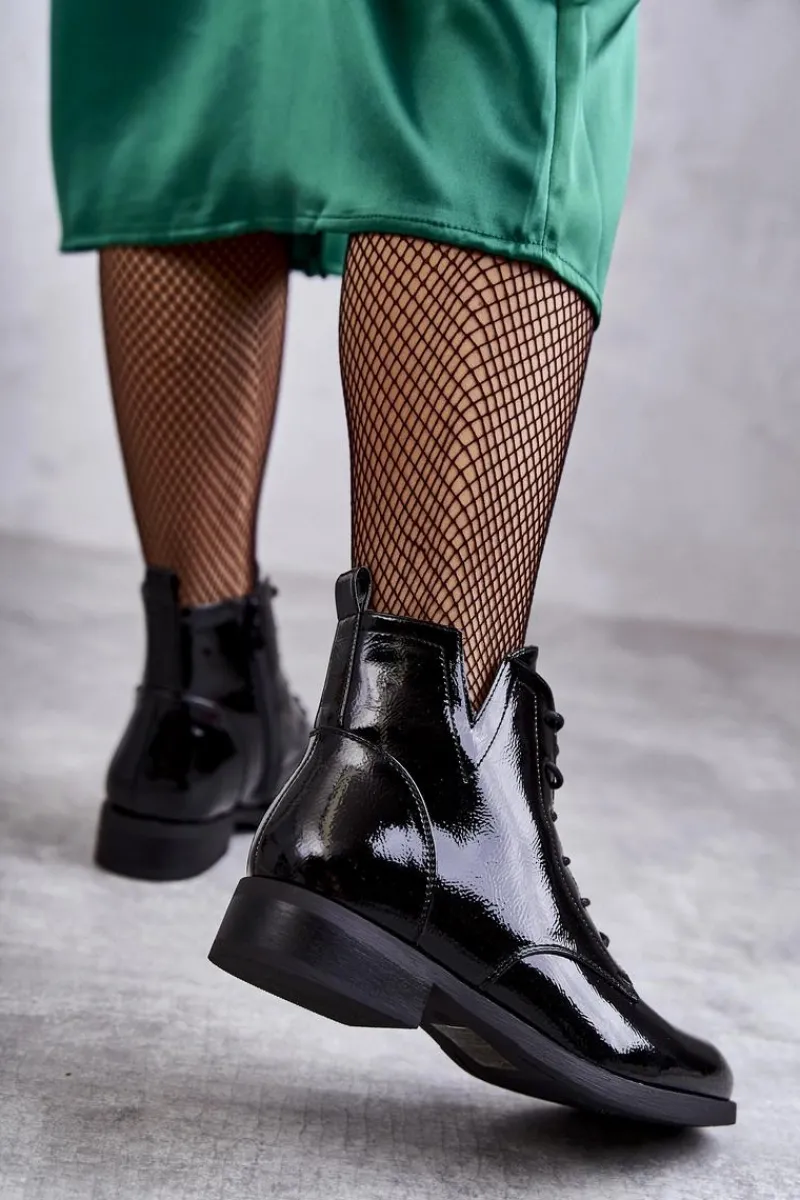 Outlet Klasyczne Botki Lakierowane Damskie Sztyblety Bello Damskie Botki Sznurowane|Czarne Botki