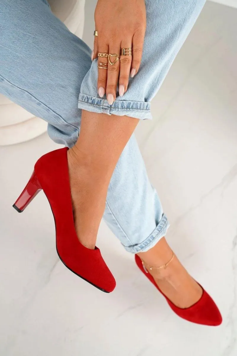 Hot Boto Klasyczne Czółenka Na Słupku Zamszowe Czerwone Eleanor