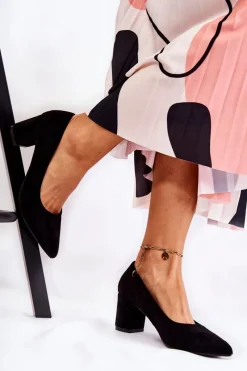 Hot Klasyczne Czółenka Zamszowe Na Słupku Czarne Lency Damskie Czółenka Zamszowe|Czółenka Na Słupku