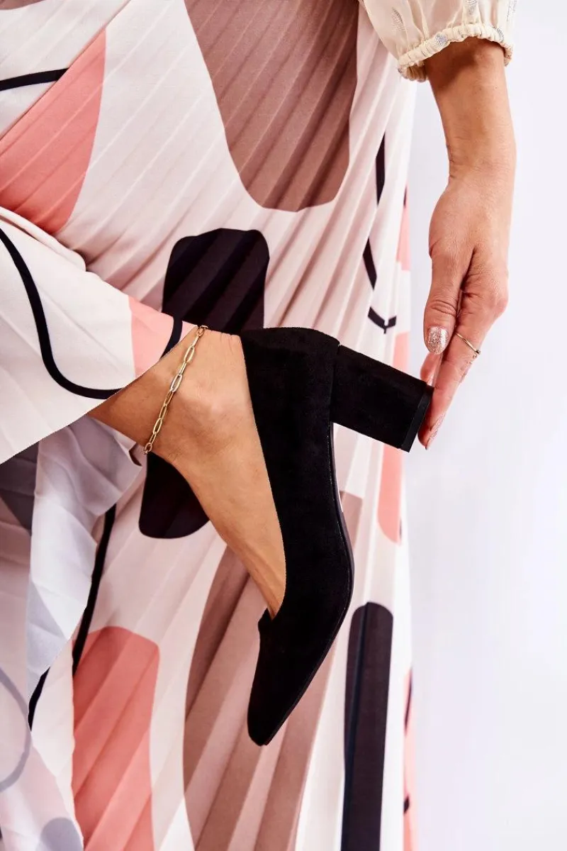 Hot Klasyczne Czółenka Zamszowe Na Słupku Czarne Lency Damskie Czółenka Zamszowe|Czółenka Na Słupku