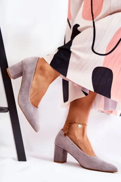 Klasyczne Czółenka Zamszowe Na Słupku Szare Lency Damskie Czółenka Zamszowe|Czółenka Na Słupku