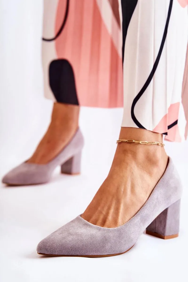 Klasyczne Czółenka Zamszowe Na Słupku Szare Lency Damskie Czółenka Zamszowe|Czółenka Na Słupku