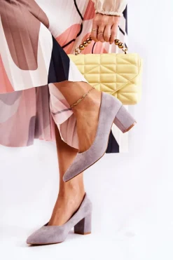 Klasyczne Czółenka Zamszowe Na Słupku Szare Lency Damskie Czółenka Zamszowe|Czółenka Na Słupku