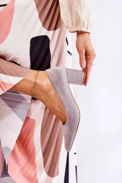 Klasyczne Czółenka Zamszowe Na Słupku Szare Lency Damskie Czółenka Zamszowe|Czółenka Na Słupku