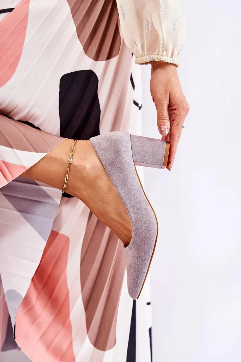 Klasyczne Czółenka Zamszowe Na Słupku Szare Lency Damskie Czółenka Zamszowe|Czółenka Na Słupku