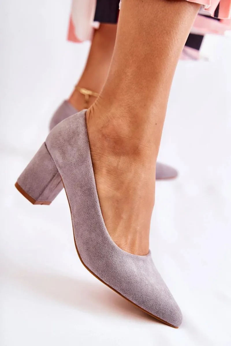 Klasyczne Czółenka Zamszowe Na Słupku Szare Lency Damskie Czółenka Zamszowe|Czółenka Na Słupku