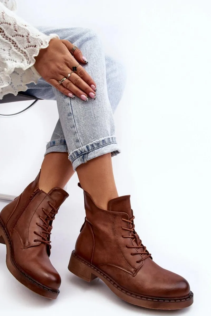 Botki Sznurowane|Brązowe I Beżowe Botki>Evento Klasyczne Damskie Botki Na Płaskim Obcasie Brązowe Ballisa