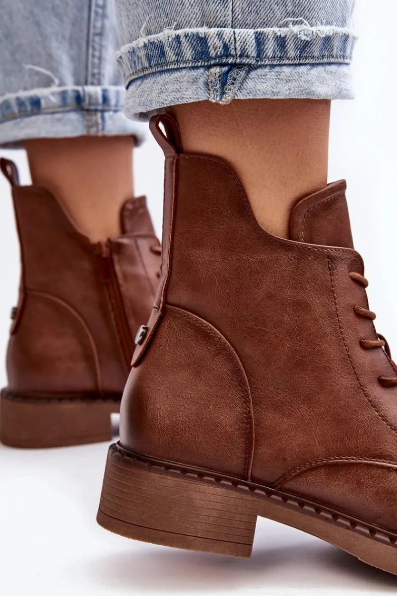 Botki Sznurowane|Brązowe I Beżowe Botki>Evento Klasyczne Damskie Botki Na Płaskim Obcasie Brązowe Ballisa