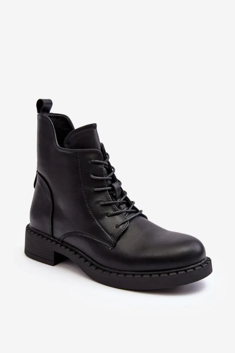 Botki Sznurowane|Czarne Botki>Evento Klasyczne Damskie Botki Na Płaskim Obcasie Czarne Ballisa