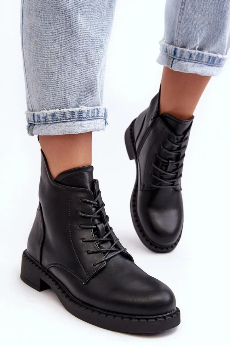 Botki Sznurowane|Czarne Botki>Evento Klasyczne Damskie Botki Na Płaskim Obcasie Czarne Ballisa