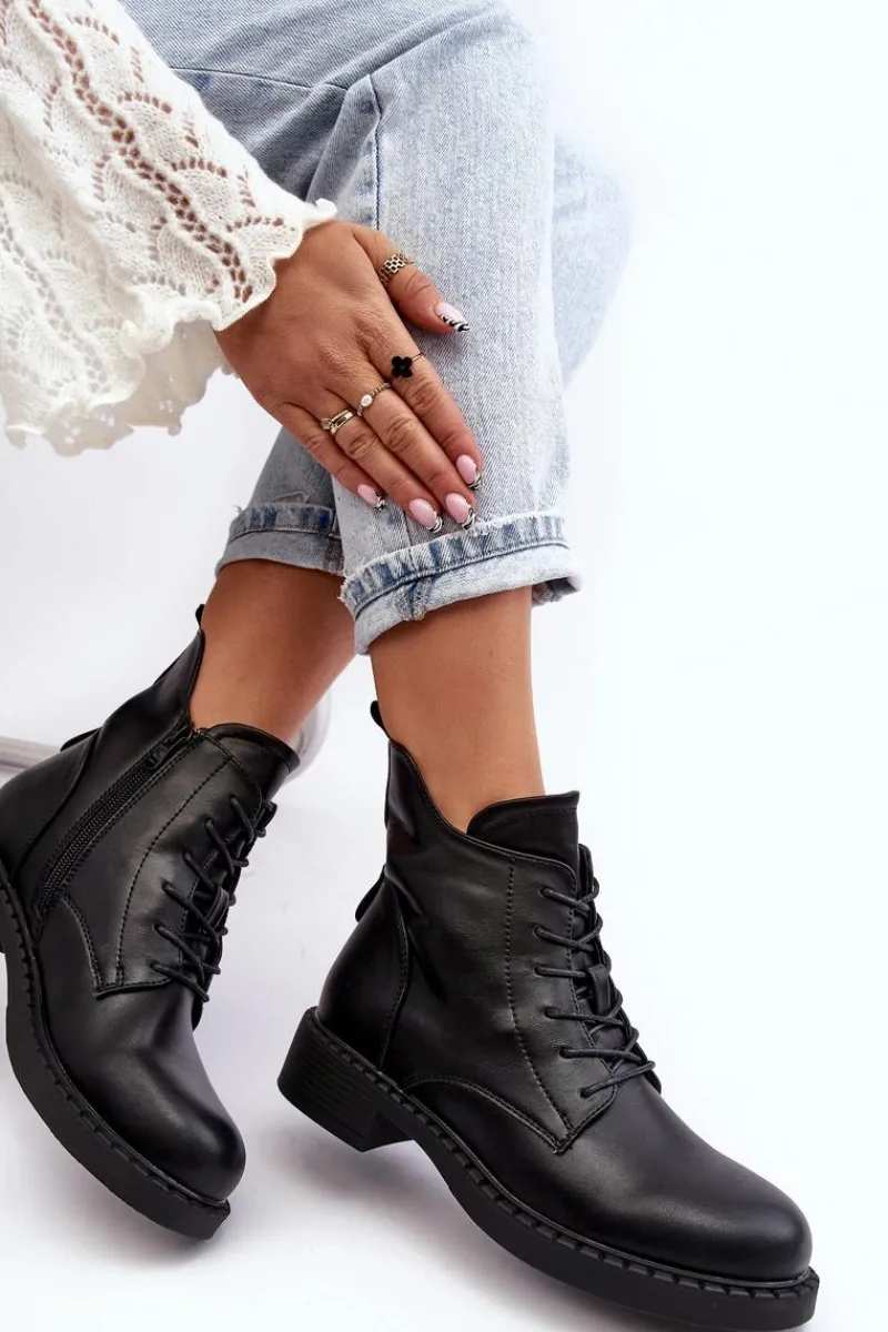 Botki Sznurowane|Czarne Botki>Evento Klasyczne Damskie Botki Na Płaskim Obcasie Czarne Ballisa