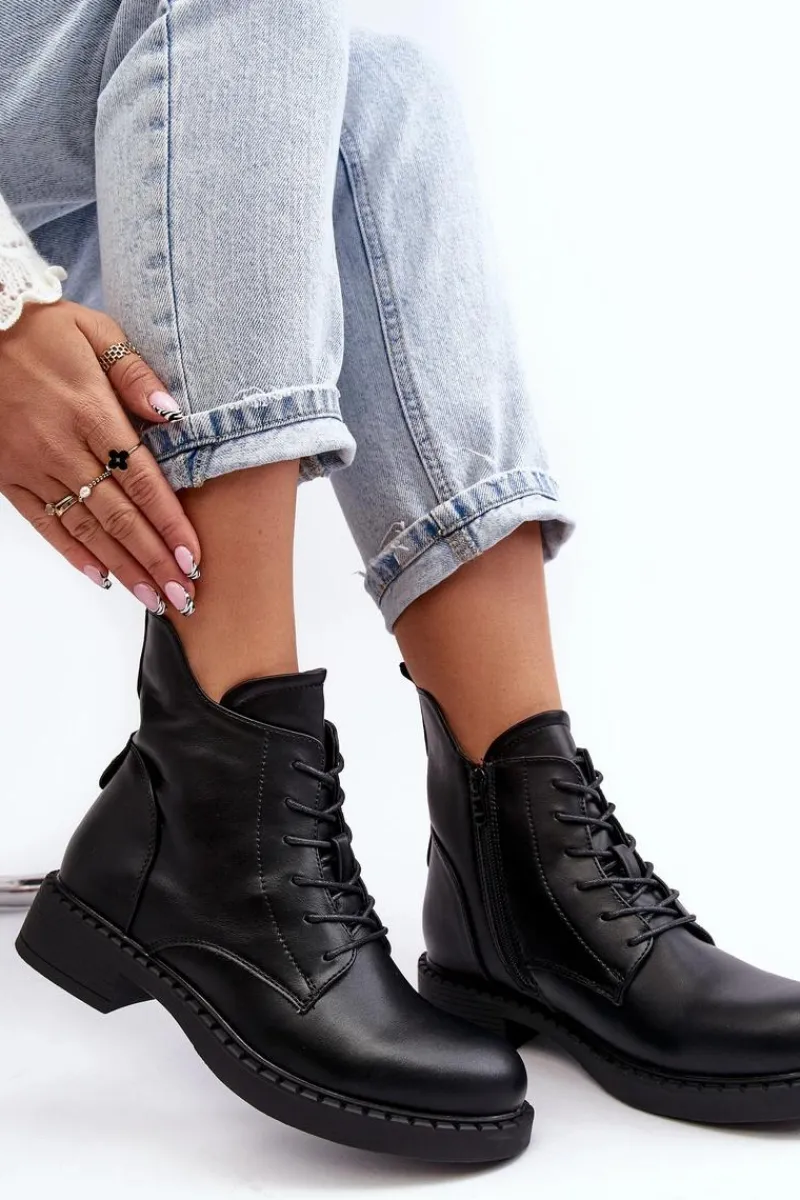 Botki Sznurowane|Czarne Botki>Evento Klasyczne Damskie Botki Na Płaskim Obcasie Czarne Ballisa