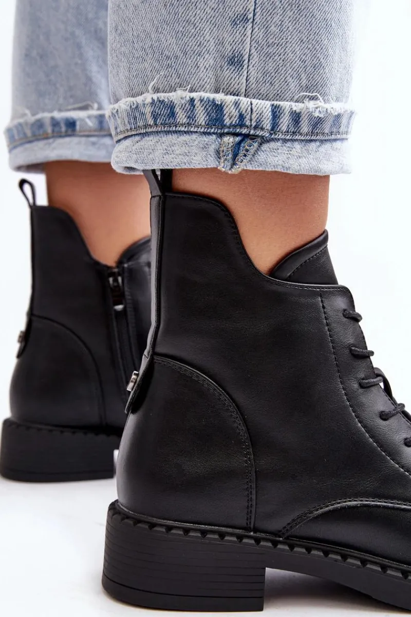 Botki Sznurowane|Czarne Botki>Evento Klasyczne Damskie Botki Na Płaskim Obcasie Czarne Ballisa