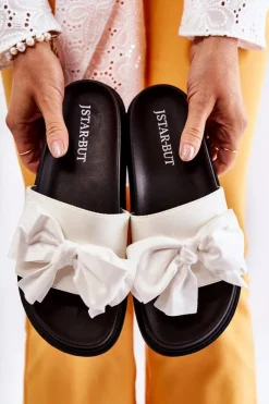 Outlet Boto Klasyczne Damskie Klapki Skórzane Z Kokardą Białe Dessy