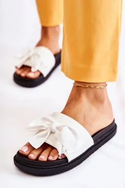 Outlet Boto Klasyczne Damskie Klapki Skórzane Z Kokardą Białe Dessy