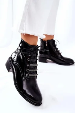 Sale Damskie buty S.Barski Klasyczne Damskie Ocieplane Botki Lakierowane Czarne Reflection