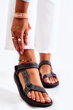 Sandały Płaskie>Boto Klasyczne Damskie Sandały Na Rzepy Czarne Kalla